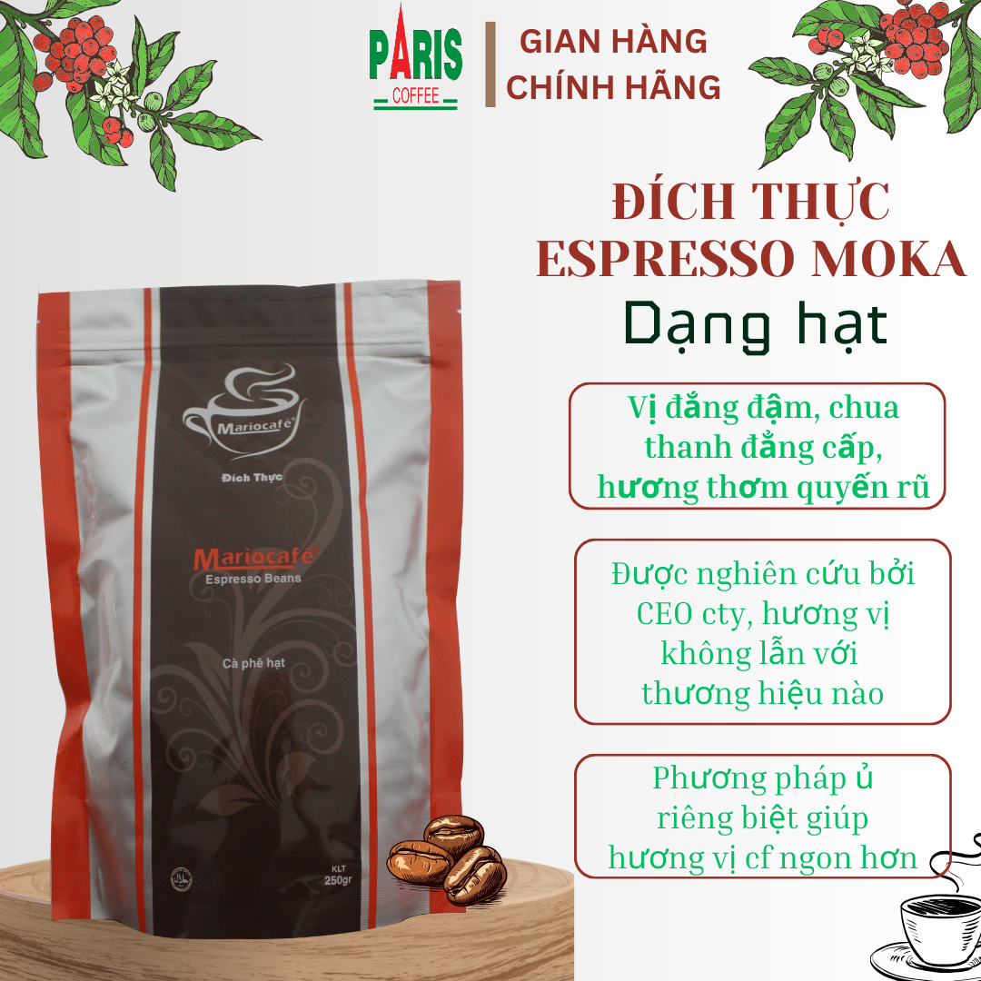 Cà phê Espresso Mario Đích thực - Hạt Moka 100% - Đắng đậm, chua thanh hài hòa, béo, thơm [500gr]