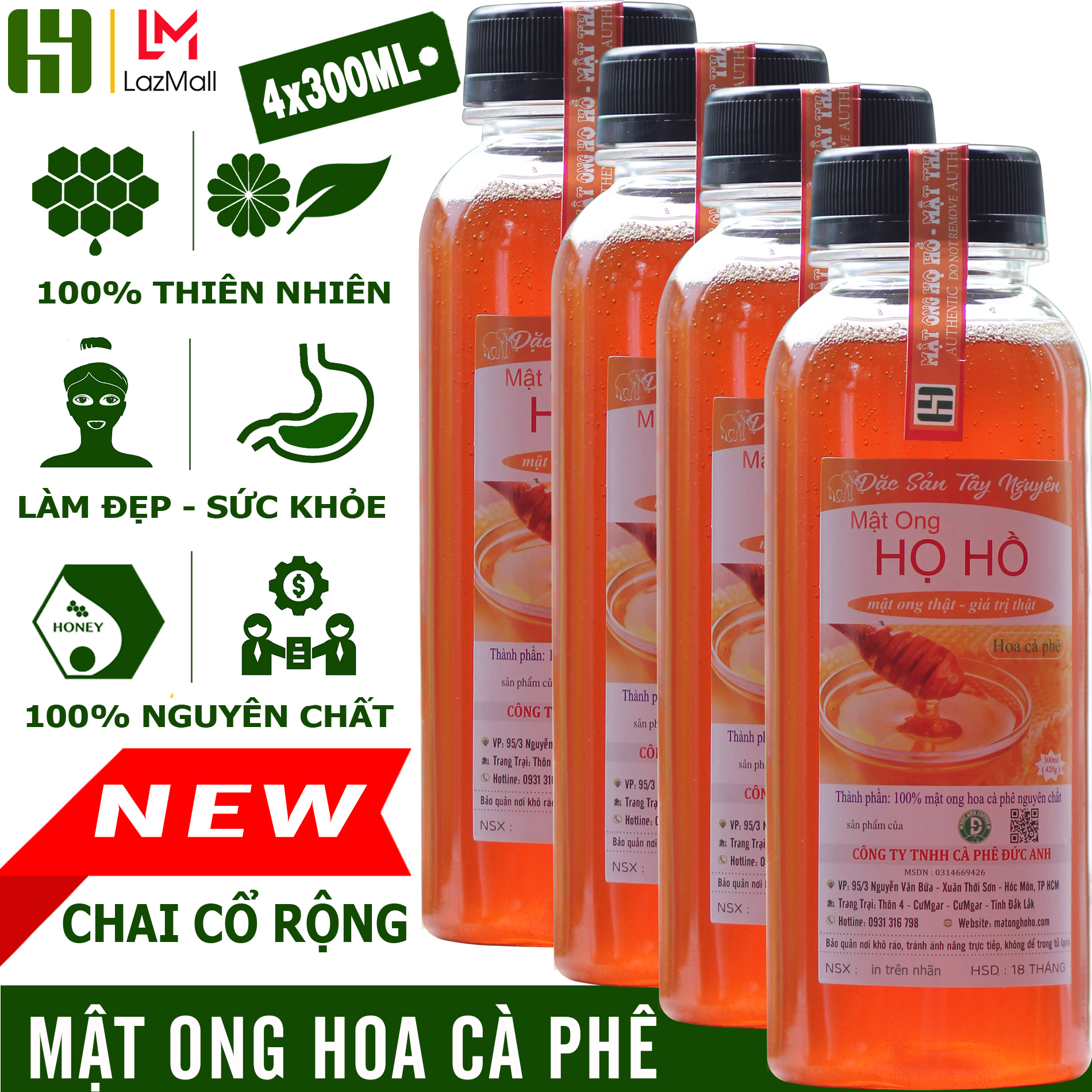 Combo 4 Mật Ong Hoa Cà Phê Nguyên Chất Họ Hồ (4x300ml) - Hỗ trợ tiêu hóa, tăng cường sức đề kháng, làm đẹp - mật ông Họ Hồ - mật thật giá trị thật