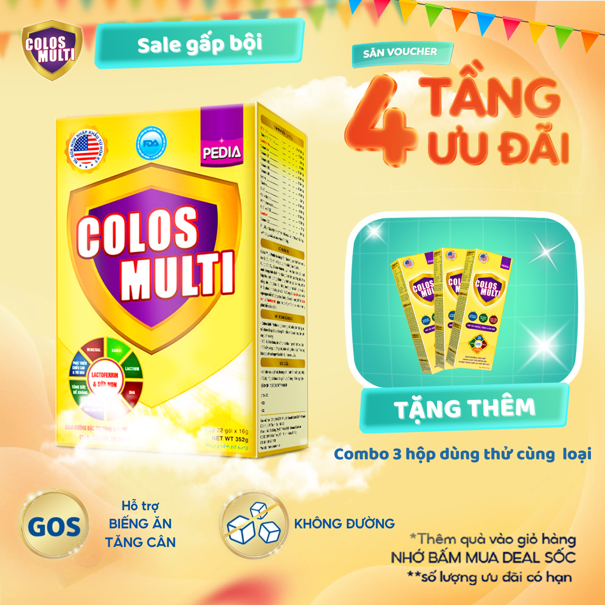 Colosmulti Pedia chuyên biệt hỗ trợ giúp ăn ngon, lên cân hộp 22 gói x16g