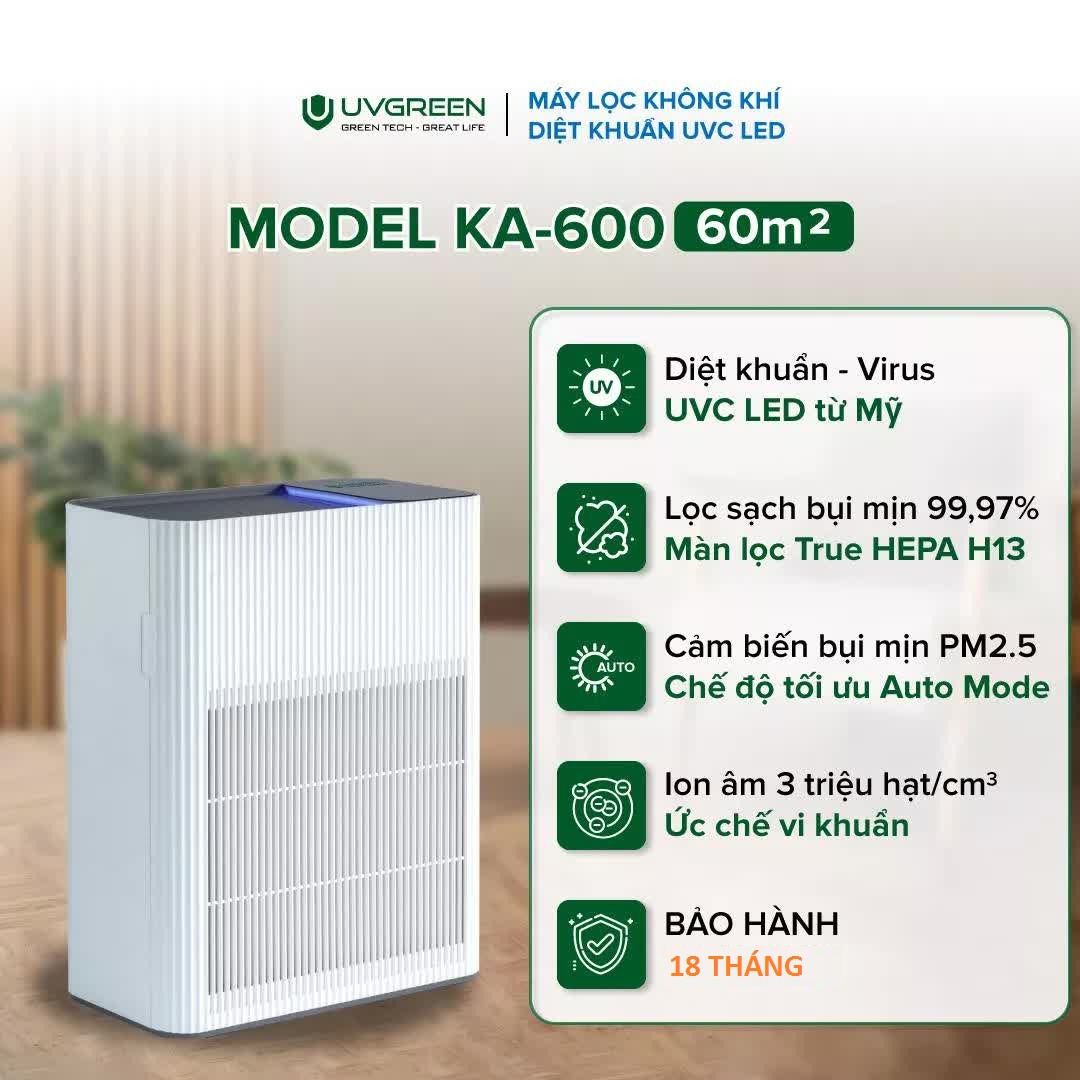 Máy lọc không khí diệt khuẩn uvc led uvgreen ka600 60m2 - tặng thêm 1 lõi lọc trị giá 600k