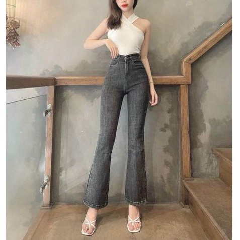Quần jeans ôm ống loe ZARA xuất xịn dài lưng cao màu xám khói