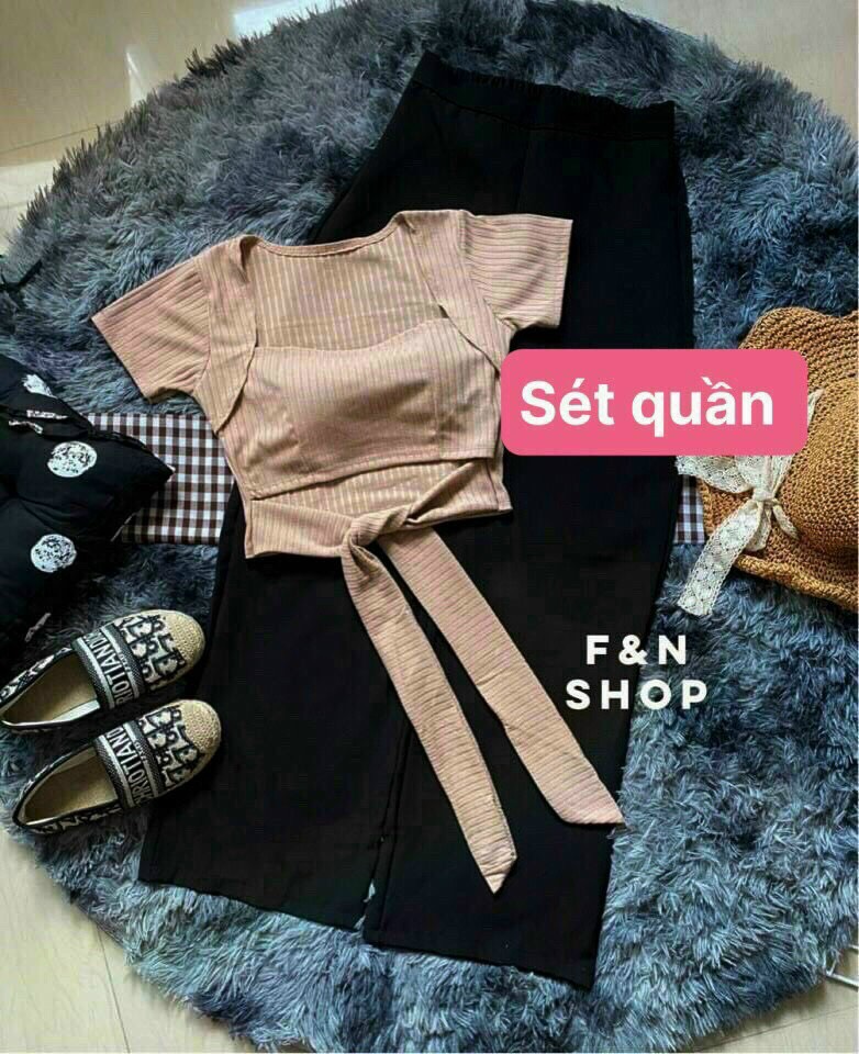 Sét Bộ Quần Ống Rộng & Áo Kiểu Cột Nơ Chất Thun Gân Có Mút HOTTREND