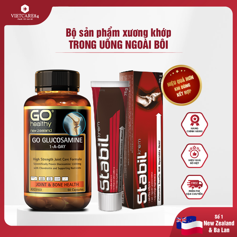 Bộ sản phẩm xương khớp nhập khẩu chính hãng trong uống ngoài bôi gồm: Viên uống GO Glucosamine 1-A-Day 1500mg (60V) và Kem bôi khớp Stabil (75 gr)