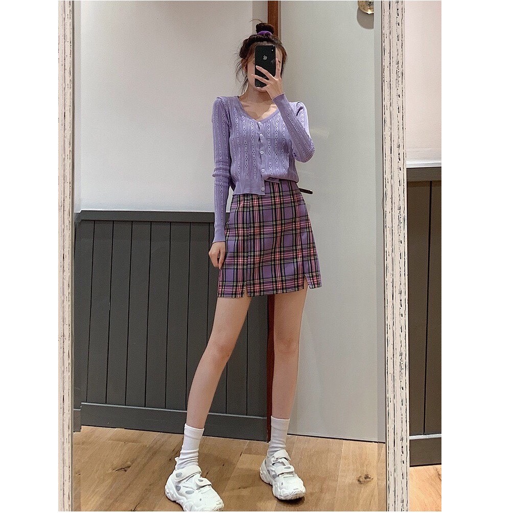 Chân váy ngắn chữ A lưng cạp cao nữ Ulzzang họa tiết sọc caro Shine Unisex Store