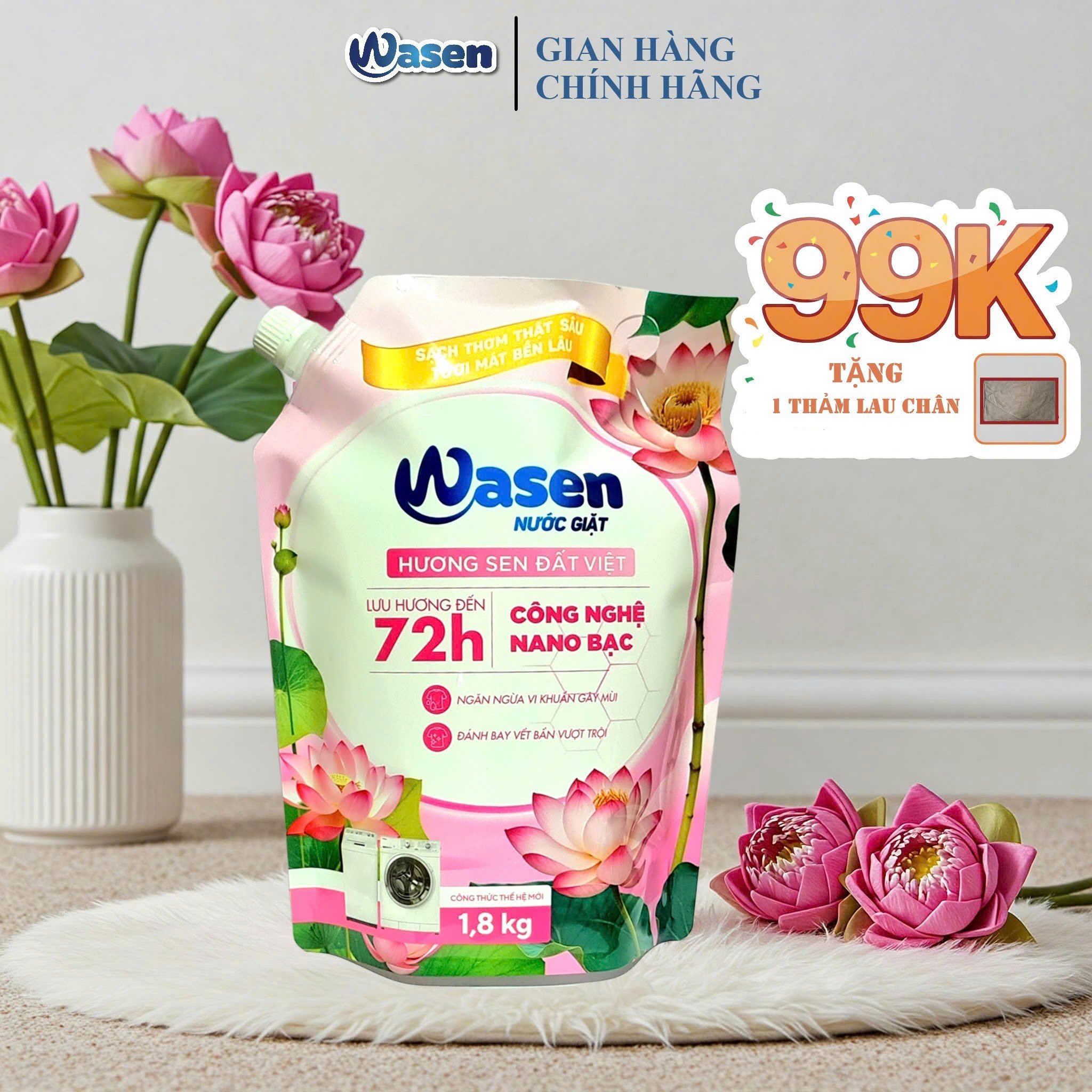 NƯỚC GIẶT HƯƠNG SEN ĐẤT VIỆT WASEN 1,8KG CÔNG NGHỆ NANO BẠC KHÁNG KHUẨN SẠCH SÂU, THƠM LÂU 72H