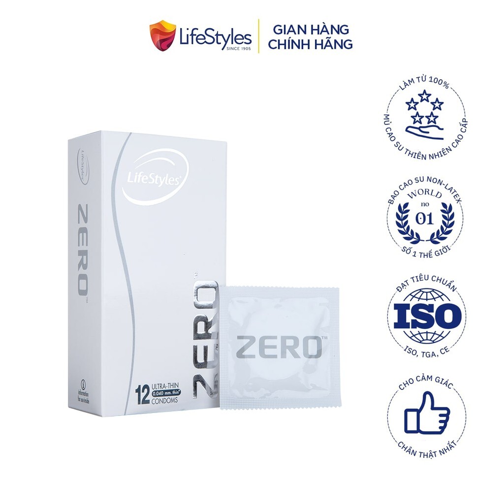 Hộp 12 Cái Bao cao su LifeStyles Zero siêu mỏng cao cấp, bao cao su nam ôm sát truyền nhiệt tốt càm giác chân thật