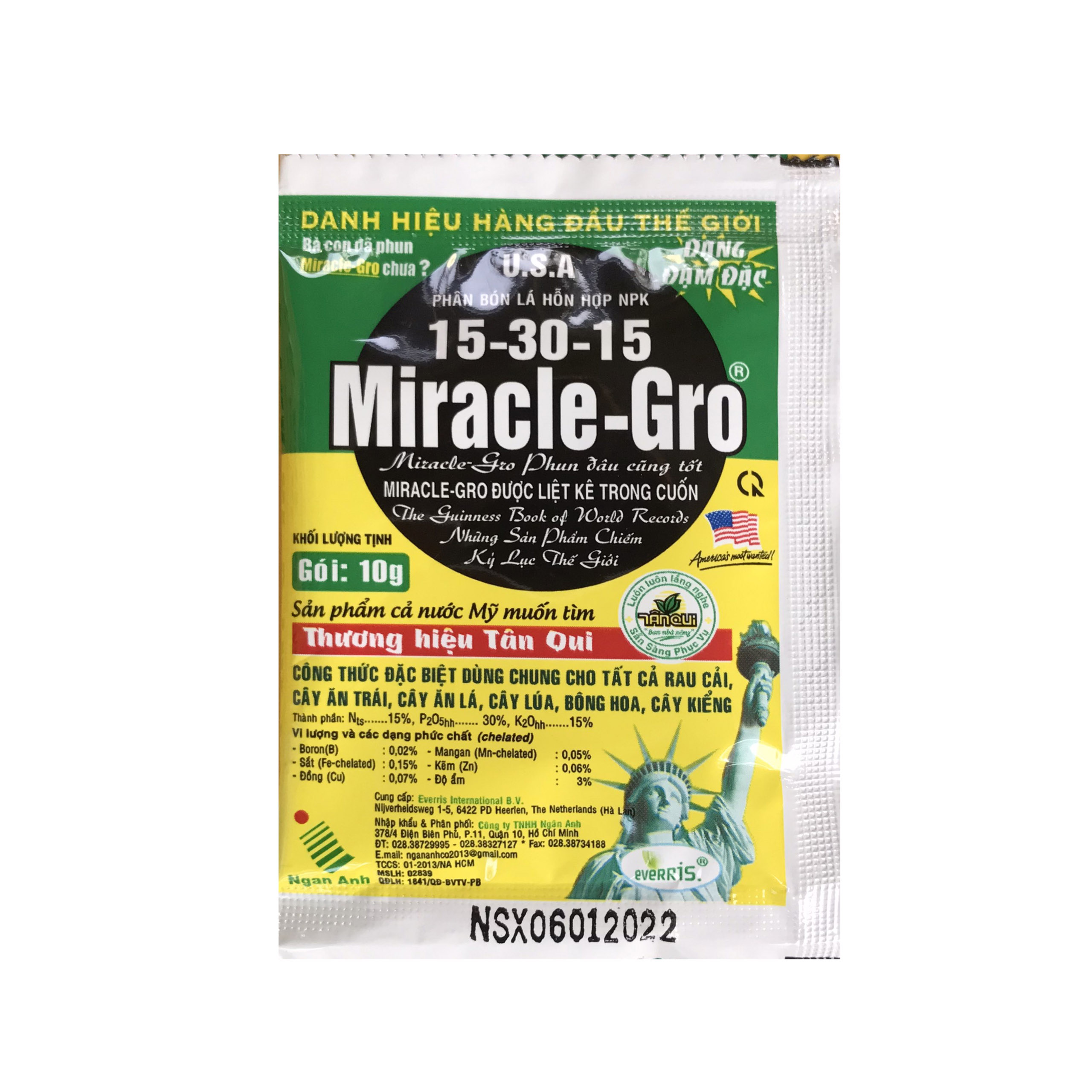 10 gói phân bón npk hà lan miracle gro 15-30-15+te , dạng chelate dễ hấp thu, kích ra hoa, đậu trái rau màu, cây ăn trái..