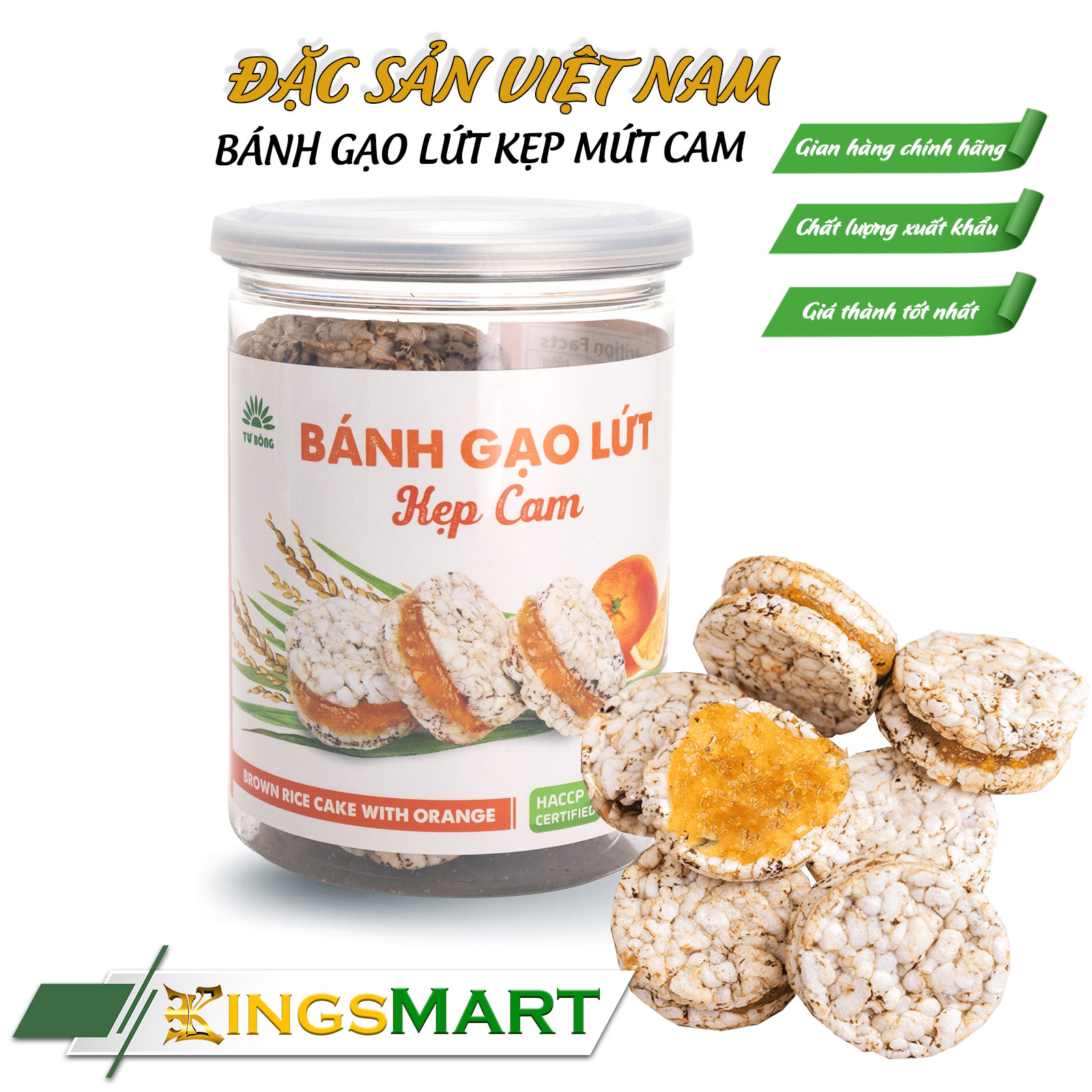Bánh Gạo Lứt Kẹp Mứt Cam – Thương Hiệu TƯ BÔNG – Đặc Sản Đồng Tháp – Hũ 80gr – Kingsmart
