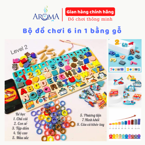 Bảng gỗ 6 in 1 - bộ bảng gỗ câu cá đa năng ghép hình học, chữ số, chữ cái, phương tiện 134 chi tiết
