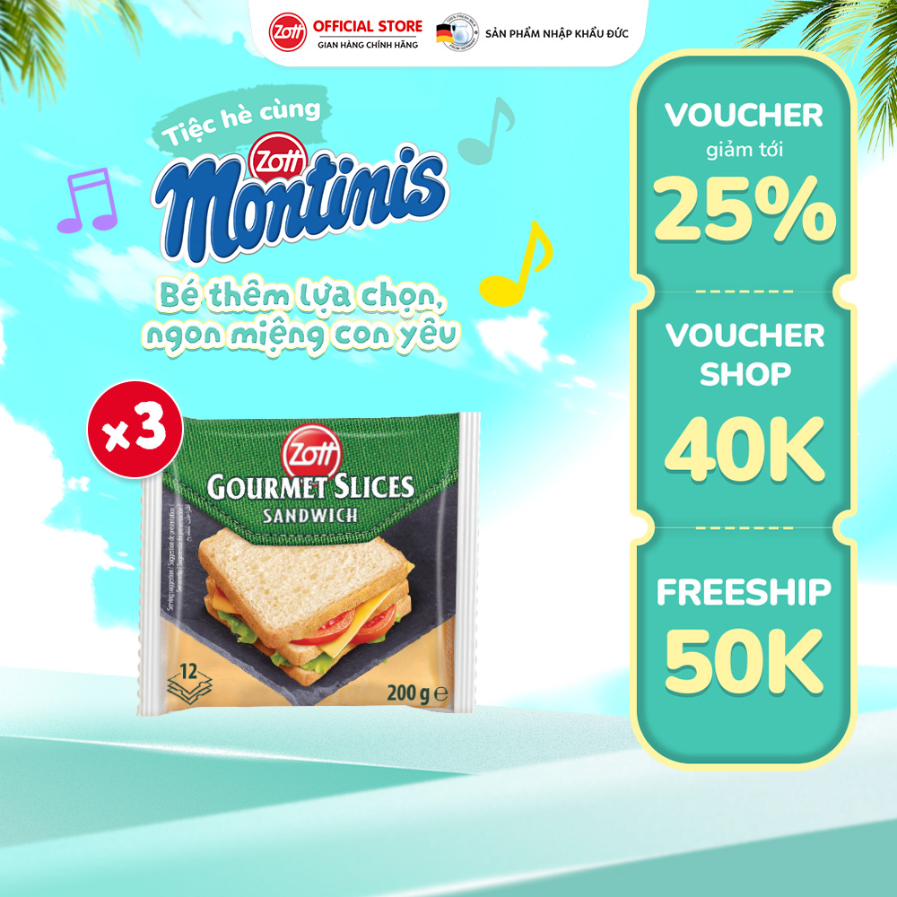 Giao Hoả tốc - COMBO 3 túi Phô mai lát Zott Gourmet Slices SANDWICH nhập khẩu từ Đức (gói 200g – 12 lát)