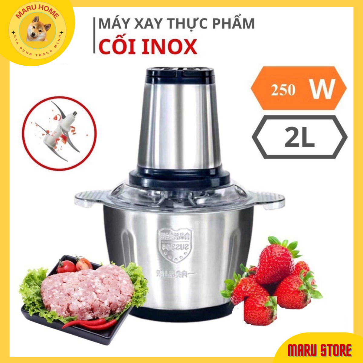 Máy xay thịt đa năng,cối xay thịt inox 4 lưỡi công suất 250w dung tích 2l xay cua cá, xay thực phẩm