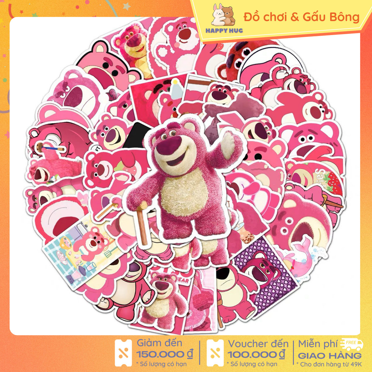 Bộ 10-50 Sticker Gấu dâu Lotso Huggin Bear miếng dán trang trí hoạt hình dễ thương- Happy Hug