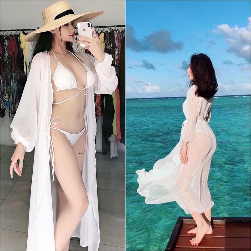 Áo choàng đi biển kimono Voan Ren tay bồng dài tay mặc ngoài bikini đi biển siêu đẹp dáng dài AC004