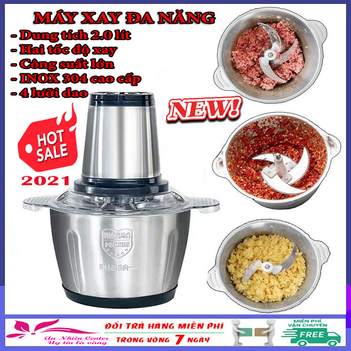 [Miễn phí vận chuyển] Máy xay sinh tố, máy xay thịt đa năng 2 tốc độ dung tích 2.0 lít, công suất 300W, máy xay cầm tay cối inox 304 cao cấp, hai lưỡi dao kép xay thịt cá, xay hành tỏi, gừng, nghệ, ớt, xay tiêu, xay hoa quả, xay đá