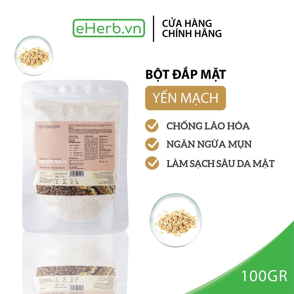 Bột yến mạch nguyên chất đắp mặt nạ chống lão hóa ngừa mụn MILAGANICS bột đắp mặt nạ yến mạch từ thiên nhiên xay mịn chống lão hóa 100g (Túi Zip) - eHerb