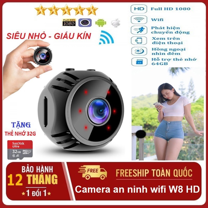 [ Tặng thẻ nhớ 32 GB ] Camera mini wifi 4k siêu nhỏ W8 FullHD 1080P, camera an ninh 360 độ tầm nhìn ban đêm camera không dây theo dõi từ xa ứng dụng điện thoại V380 Pro