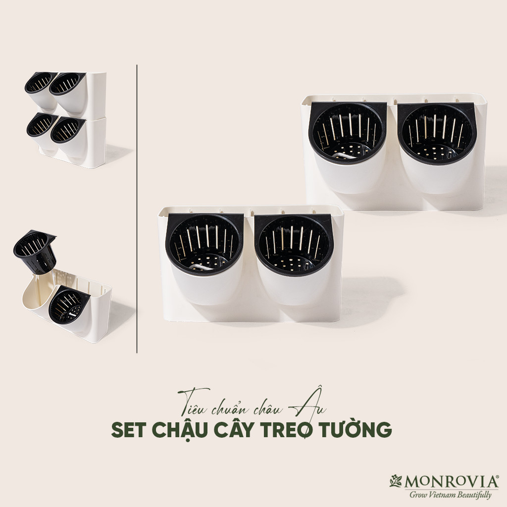 Set chậu đôi tự tưới treo tường MONROVIA, làm vườn tường đứng, trồng hoa, cây cảnh, chất liệu cao cấp, siêu bền bỉ
