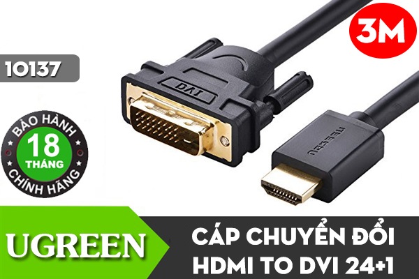 Cáp hdmi sang dvi 24+1 dài 3m đầu mạ vàng cao cấp ugreen 10136 - có thể chuyển 2 chiều