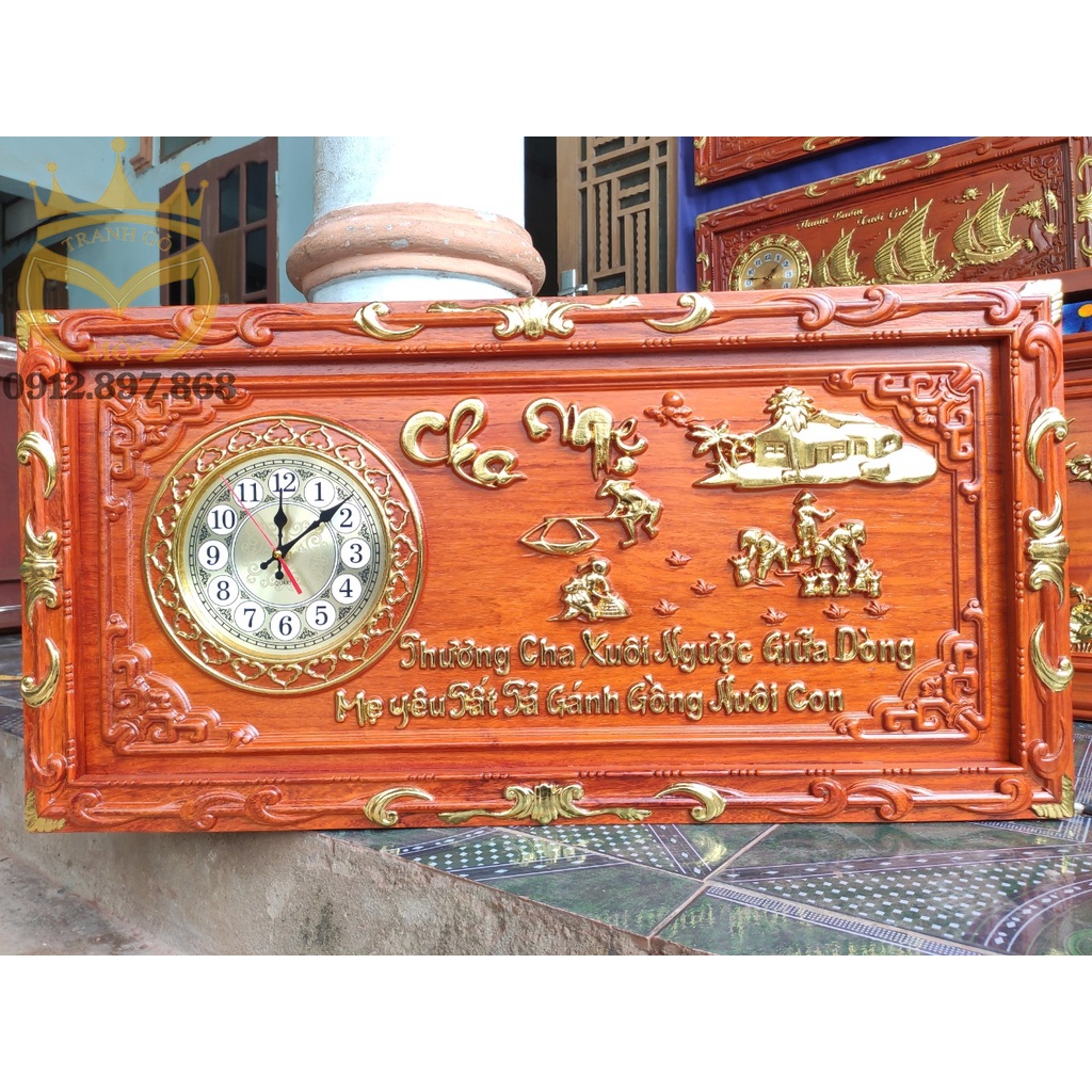 Tranh đồng hồ gỗ hương Cha Mẹ 81x41cm