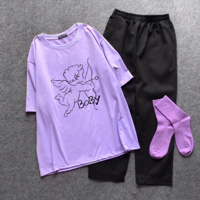 [HAN HAN SHOP 239] Sét Bộ Đồ Nữ Xinh Cute, Áo Phông Cotton Organic Dài Tay In Cô Gái Nơ Đỏ Kèm Quần Jogger Kaki