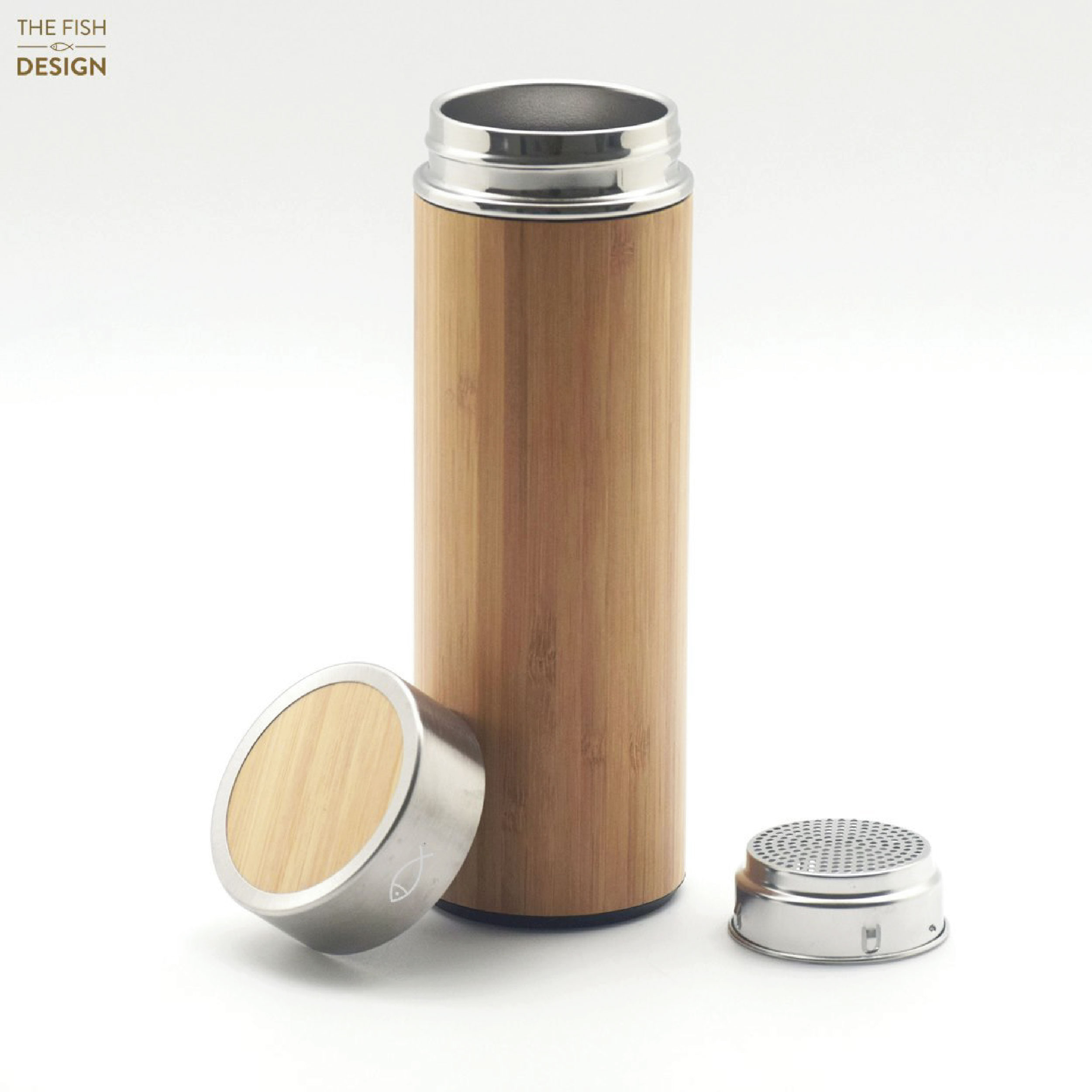 Bình nước giữ nhiệt vỏ gỗ tre the fish design - khắc chữ theo yêu cầu