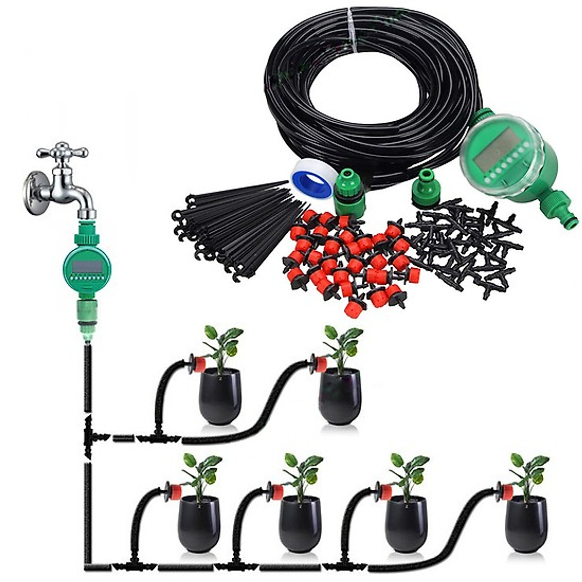 HCM Bộ KIT tưới cây tự động 20 béc nhỏ giọt kèm van nước hẹn giờ tự động 20m dây và đầy đủ phụ kiện