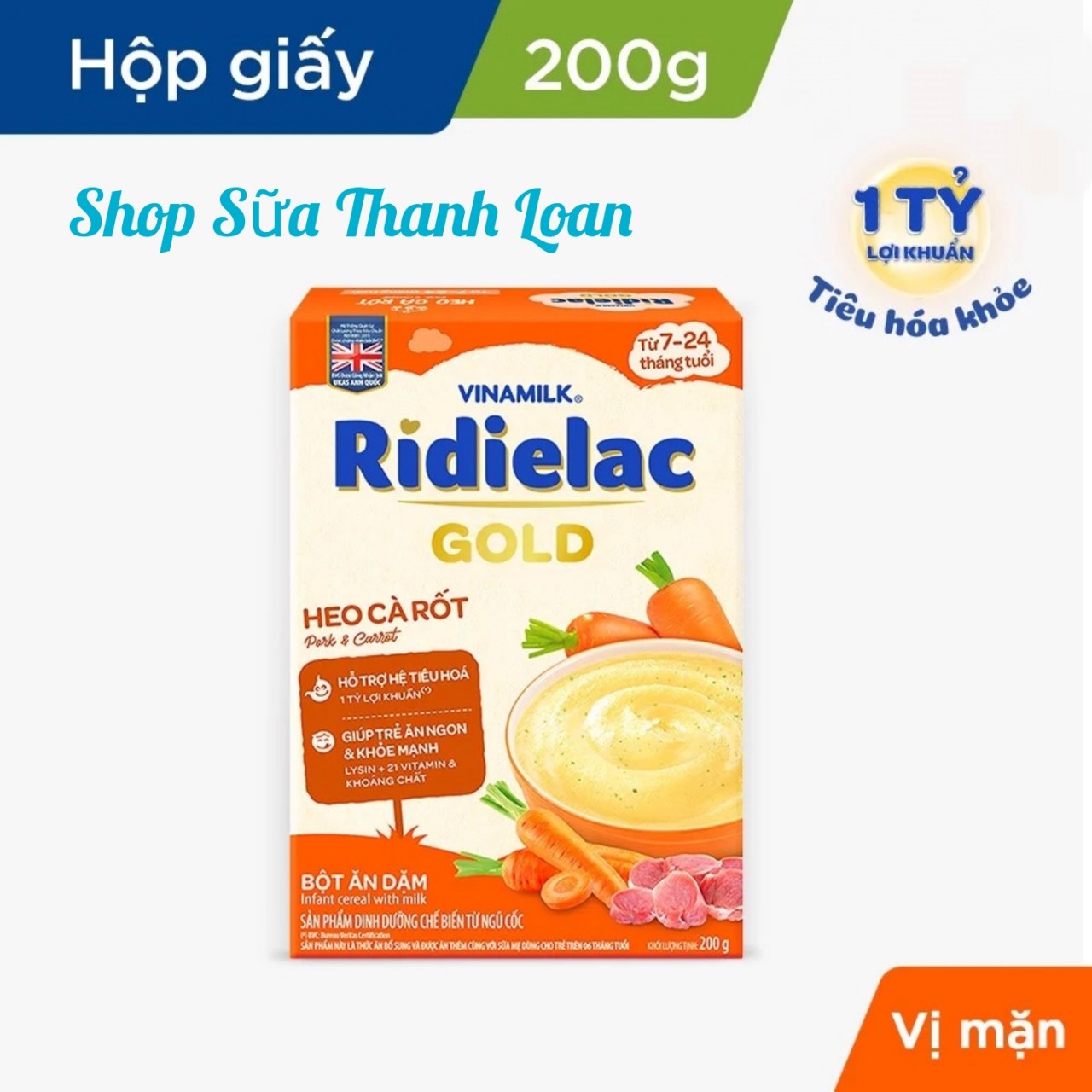 (HSD T3-2026) (MẪU MỚI) BỘT ĂN DẶM RIDIELAC GOLD HEO CÀ RỐT - HỘP GIẤY 200G.