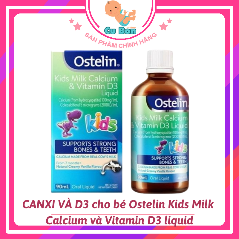 CANXI VÀ D3 Khủng Long Dạng Nước cho bé Ostelin Kids Milk Calcium và Vitamin D3 liquid 90ml cho bé từ 7 tháng tuổi