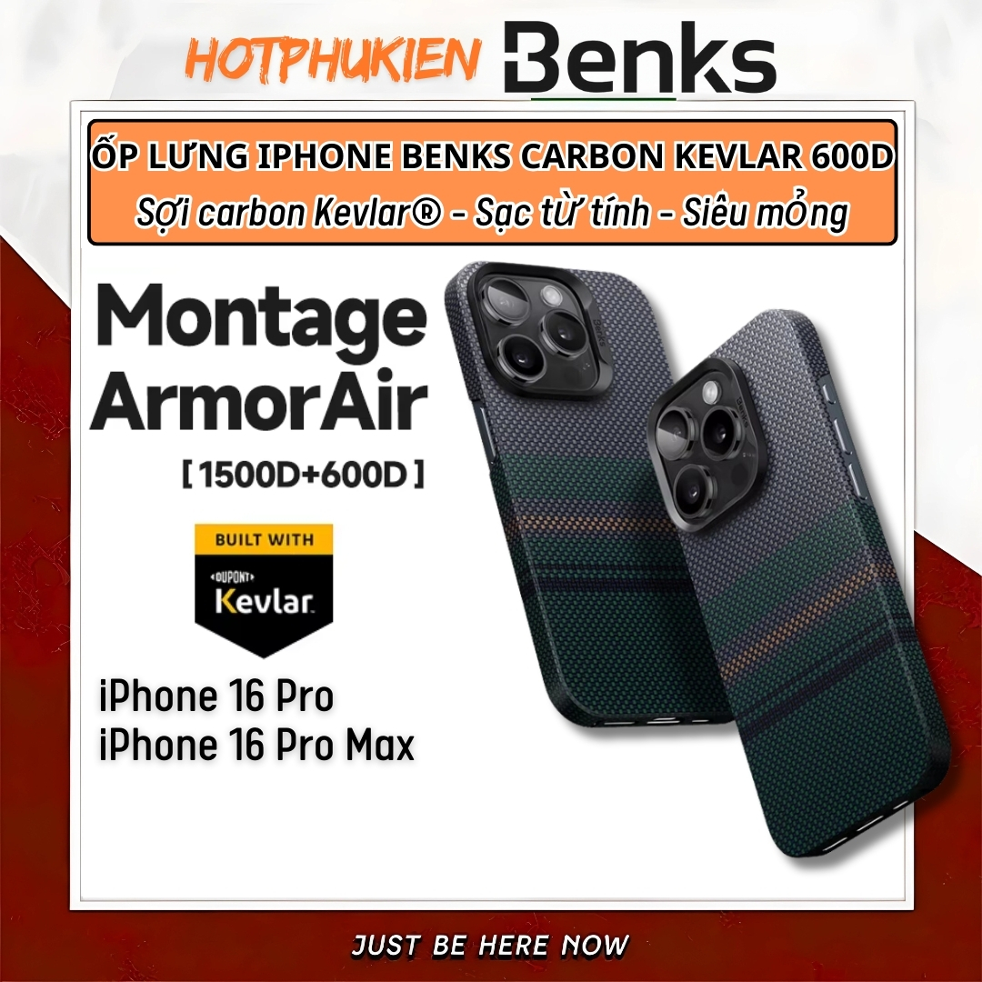 Ốp Lưng Carbon siêu mỏng cho iPhone 16 Pro iP 16 Pro Max hiệu Benks Montage ArmorAir Aurora Chất Liệu Kevlar 600D hỗ trợ sạc từ tính Bền Bỉ