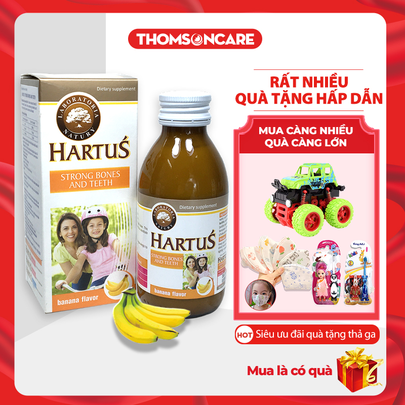 Canxi cho bé từ 4 tháng Hartus - siro thêm Vitamin D3 K2 giúp hấp thu calci tối đa, trẻ tăng chiều cao, giảm còi xương, vị chuối