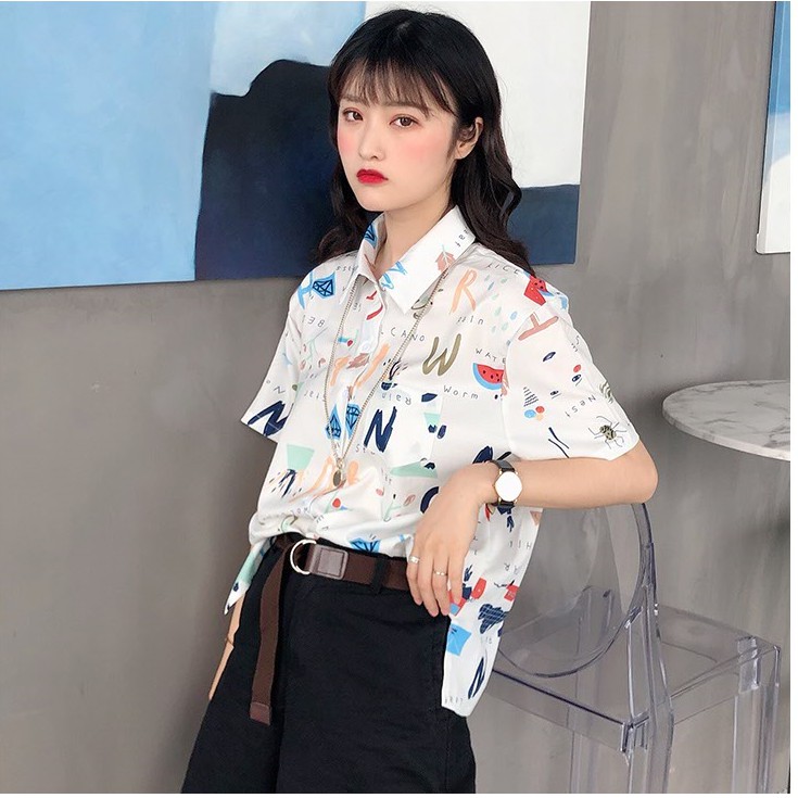 Áo sơ mi nữ ngắn tay kiểu dáng retro phong cách Hàn Quốc