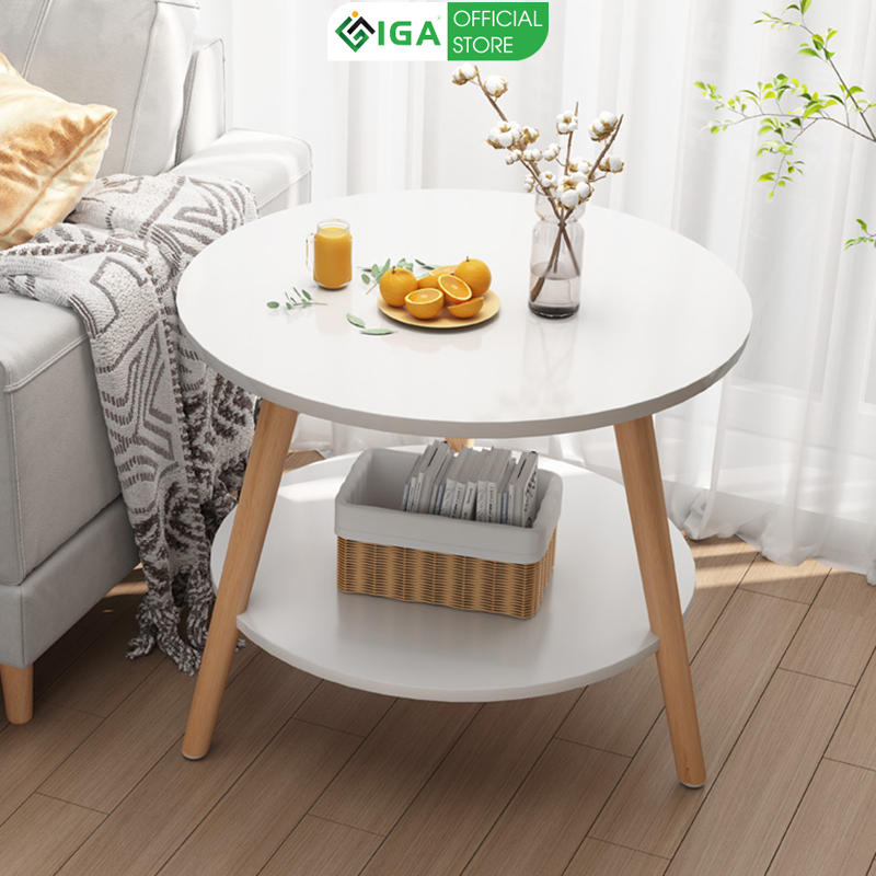 Bàn trà cafe 2 tầng chân gỗ sồi decor phòng, salon, tiệm trà cafe phong cách hiện đại - GP54