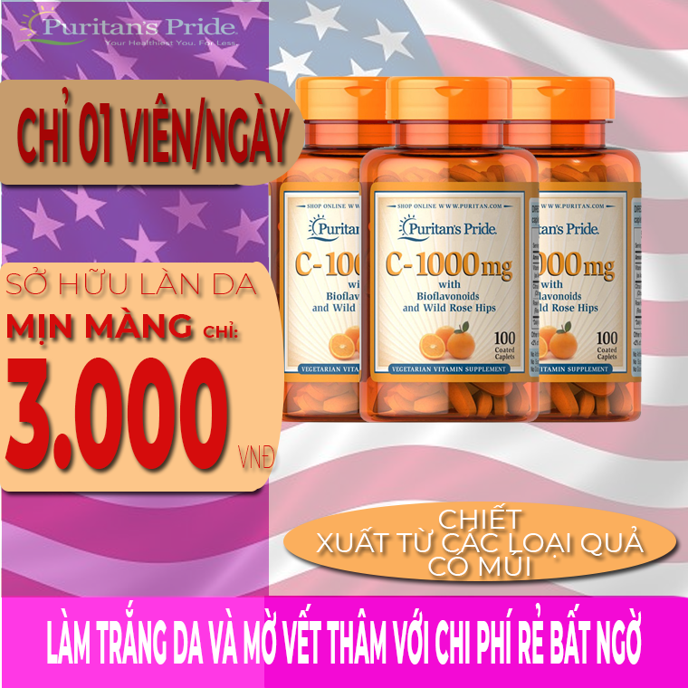 VITAMIN C 1000mg trắng da, ngừa mụn, Tăng sức đề kháng, giảm căng thẳng mệt mỏi Puritan's Pride 250 viên