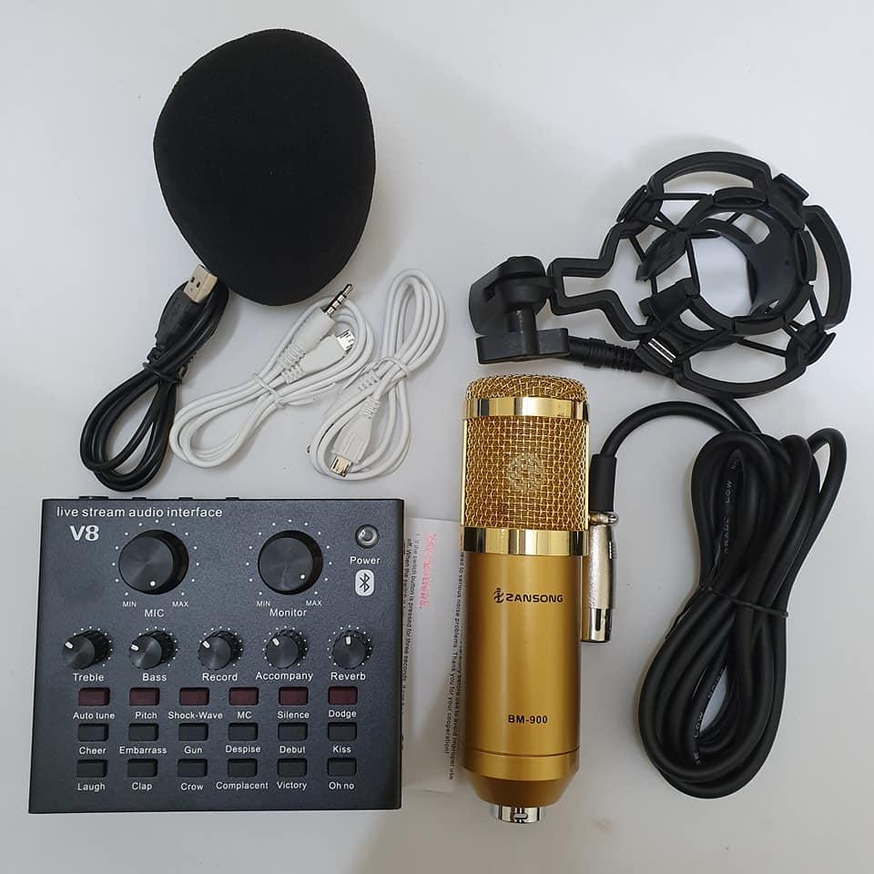 combo bộ míc thu âm livestream hát karaoke online micro ZANGSONG BM-900 CARD V8 bluetooth