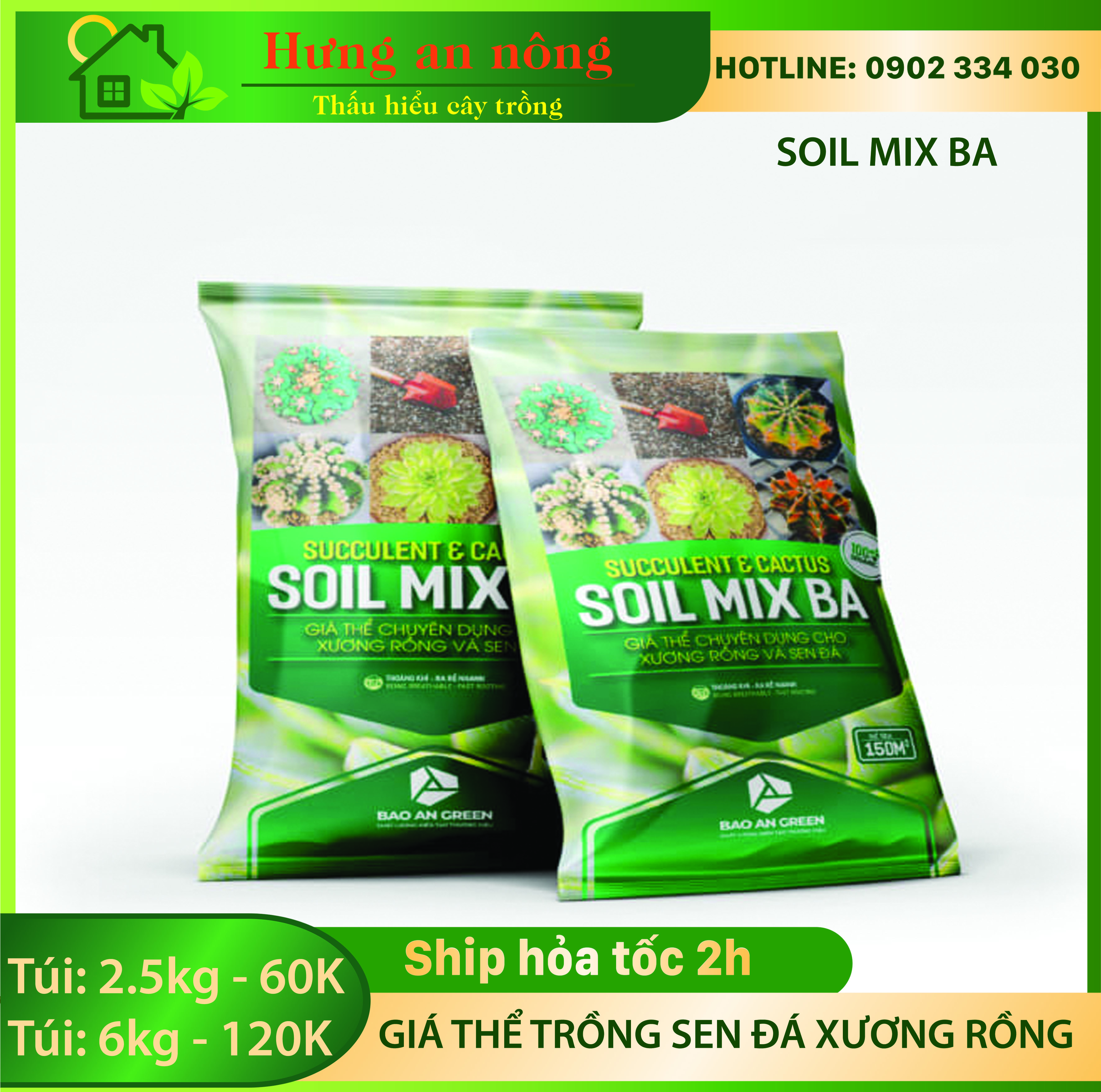 Soil mix BA túi 2.5kg/6kg - đất trộn hữu cơ chuyên trồng sen đá xương rồng