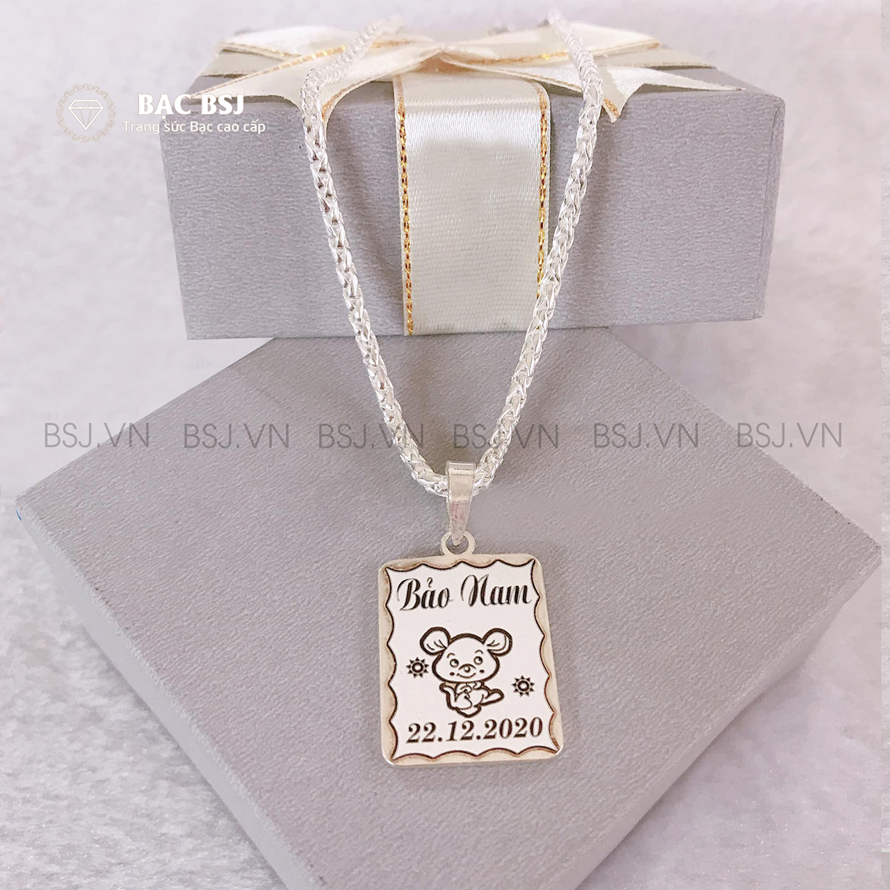 Dây chuyền bạc, vòng cổ bạc cho bé từ 3 đến 10 tuổi, mặt dây chuyền khắc tên theo yêu cầu. Bạc BSJ