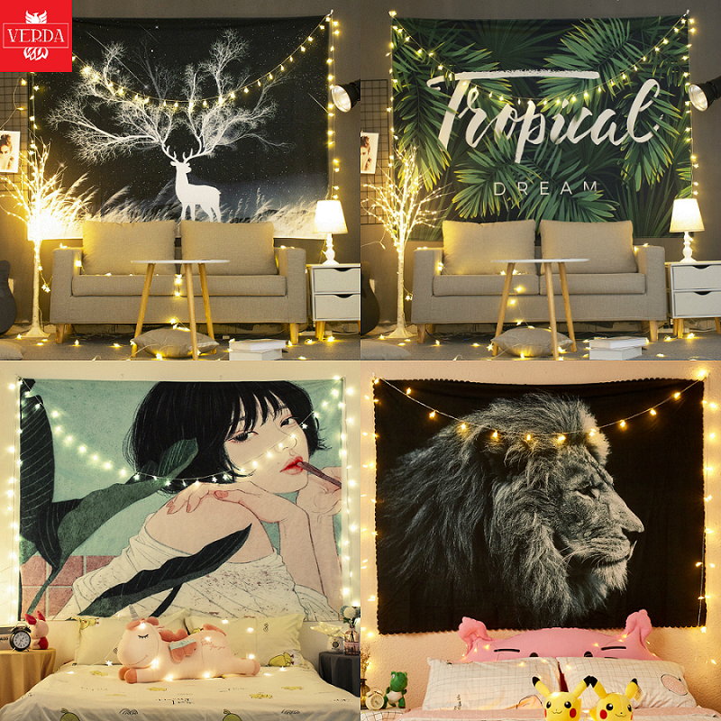 Tranh vải treo tường miếng vải treo tường trang trí phòng ngủ họa tiết decor hươu cô gái sư tử cây lá background