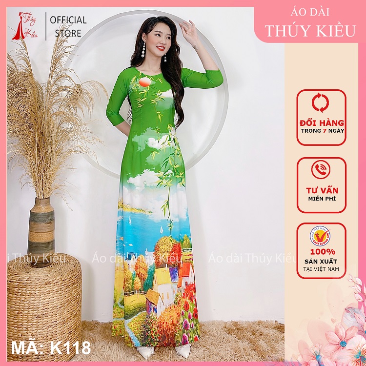 Áo dài truyền thống thiết kế may sẵn cách tân nữ tết nền xanh phong cảnh K118 Thúy Kiều mềm mại co giãn áo dài giá rẻ