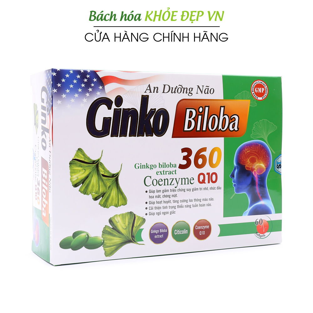 Hoạt huyết An Dưỡng Não Ginkgo Biloba 360mg giảm đau đầu hoa mắt chóng mặt rối loạn tiền đình - Hộp 60 viên