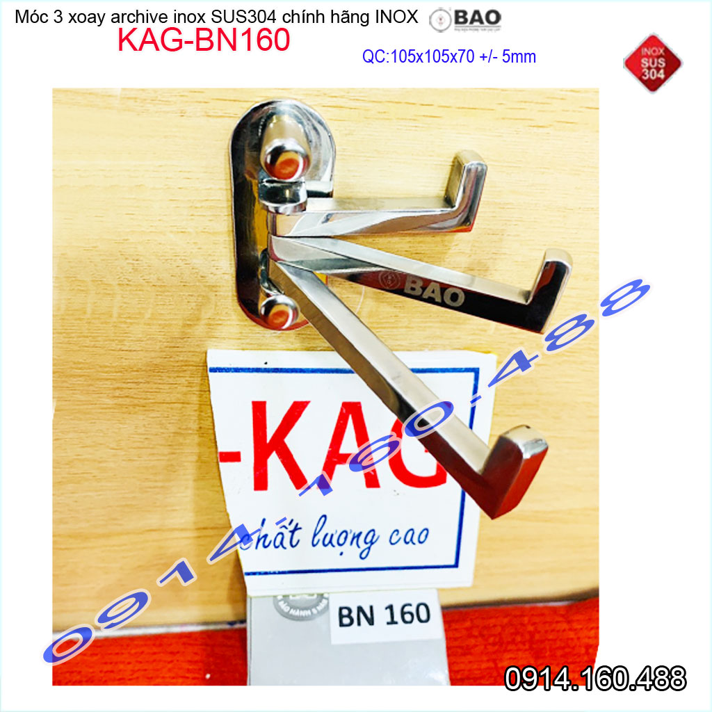 Móc 3 Inox Bảo KAG-BN160, móc xoay 180 độ treo đồ nhà tắm SUS304 thiết kế tuyệt đẹp sang trọng tinh tế đến từng chi tiết