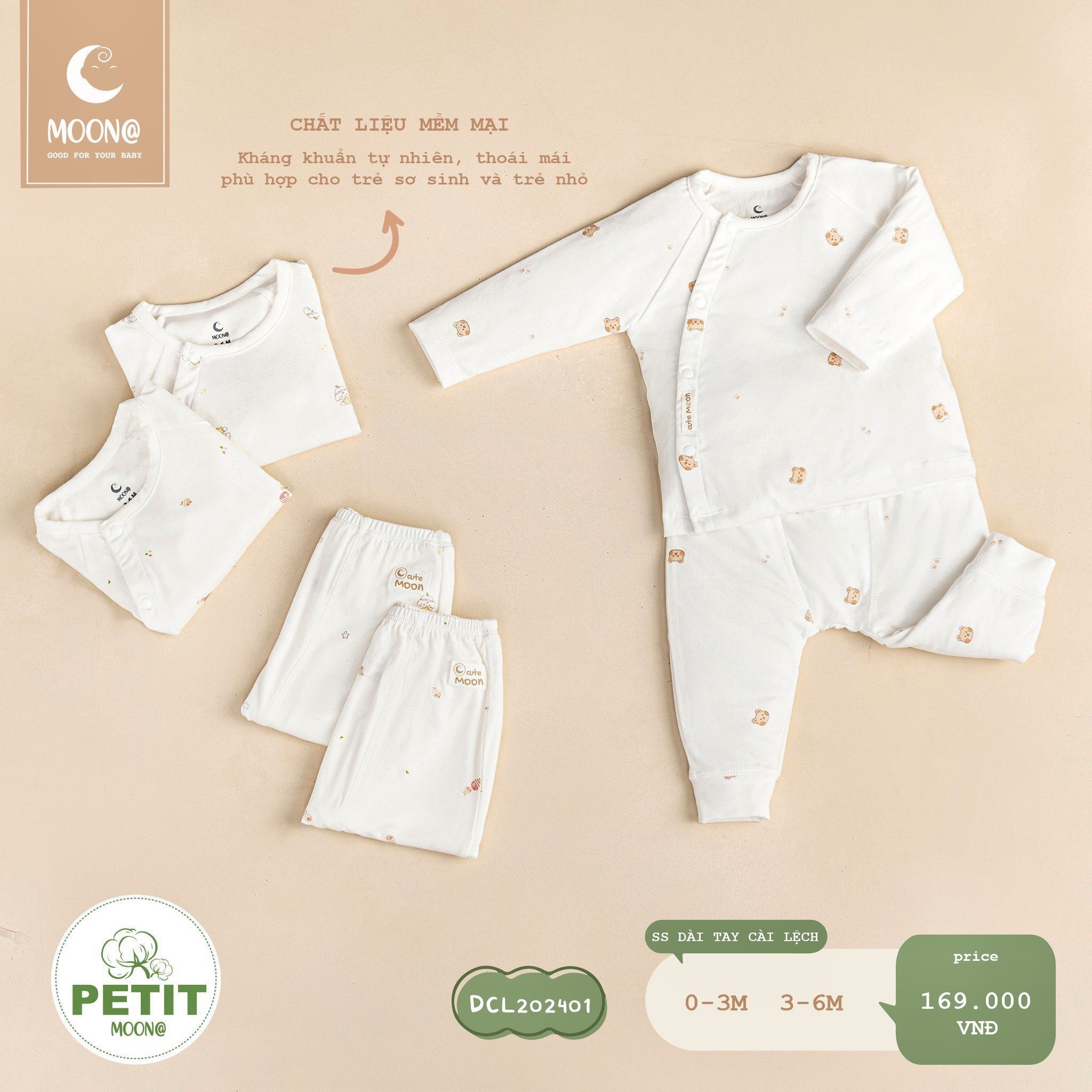 Bộ dài tay sơ sinh petit họa tiết đáng yêu Moon
