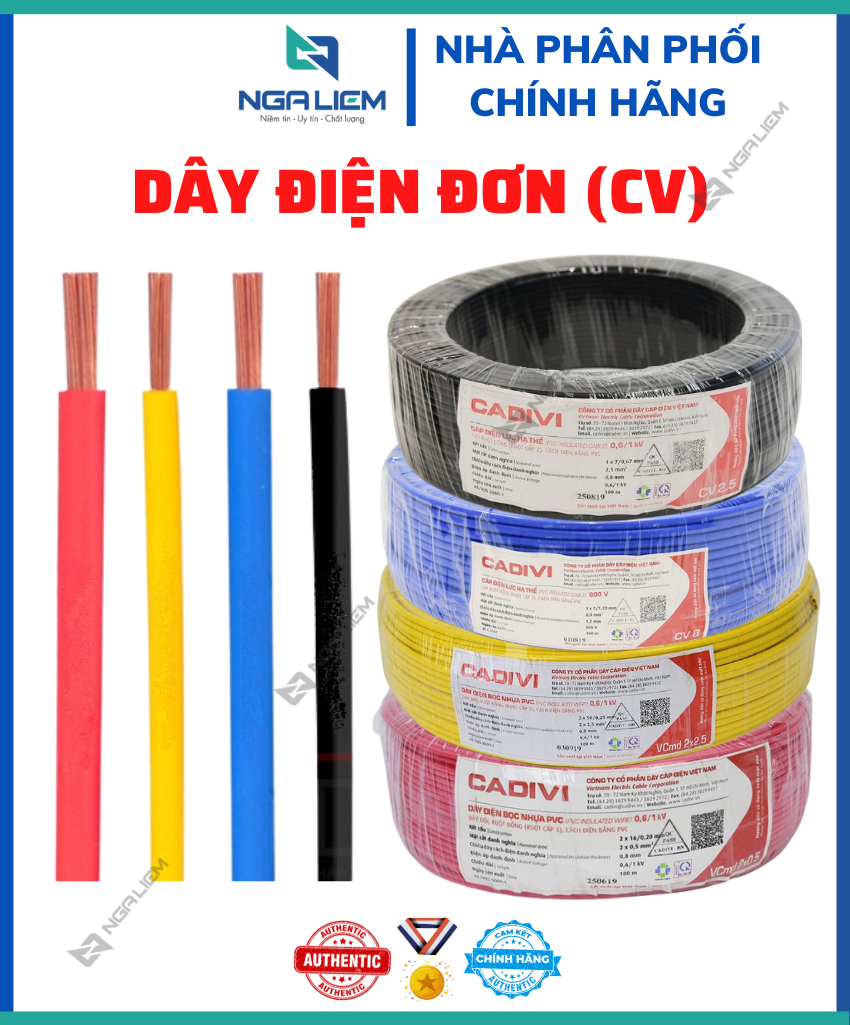 Dây điện đơn cv (1.0 - 1.5 - 2.0 - 2.5 - 3.5 - 4.0 - 5.5 - 6.0mm) cadivi [bán lẻ theo mét]