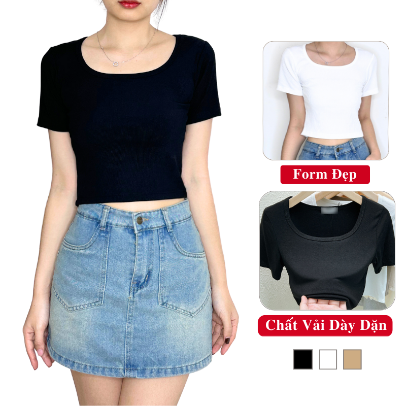 Áo thun croptop nữ cổ vuông nữ ngắn tay dáng ôm MADELA cao cấp, áo croptop cổ vuông tay ngắn chất th