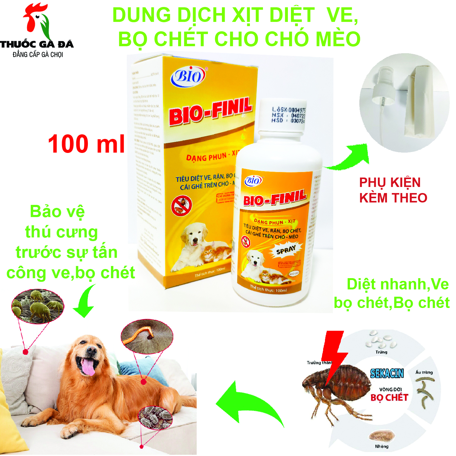 Xịt ve chó mèo, rận, bọ chét, cái ghẻ cho thú cưng bio finil 100 ml