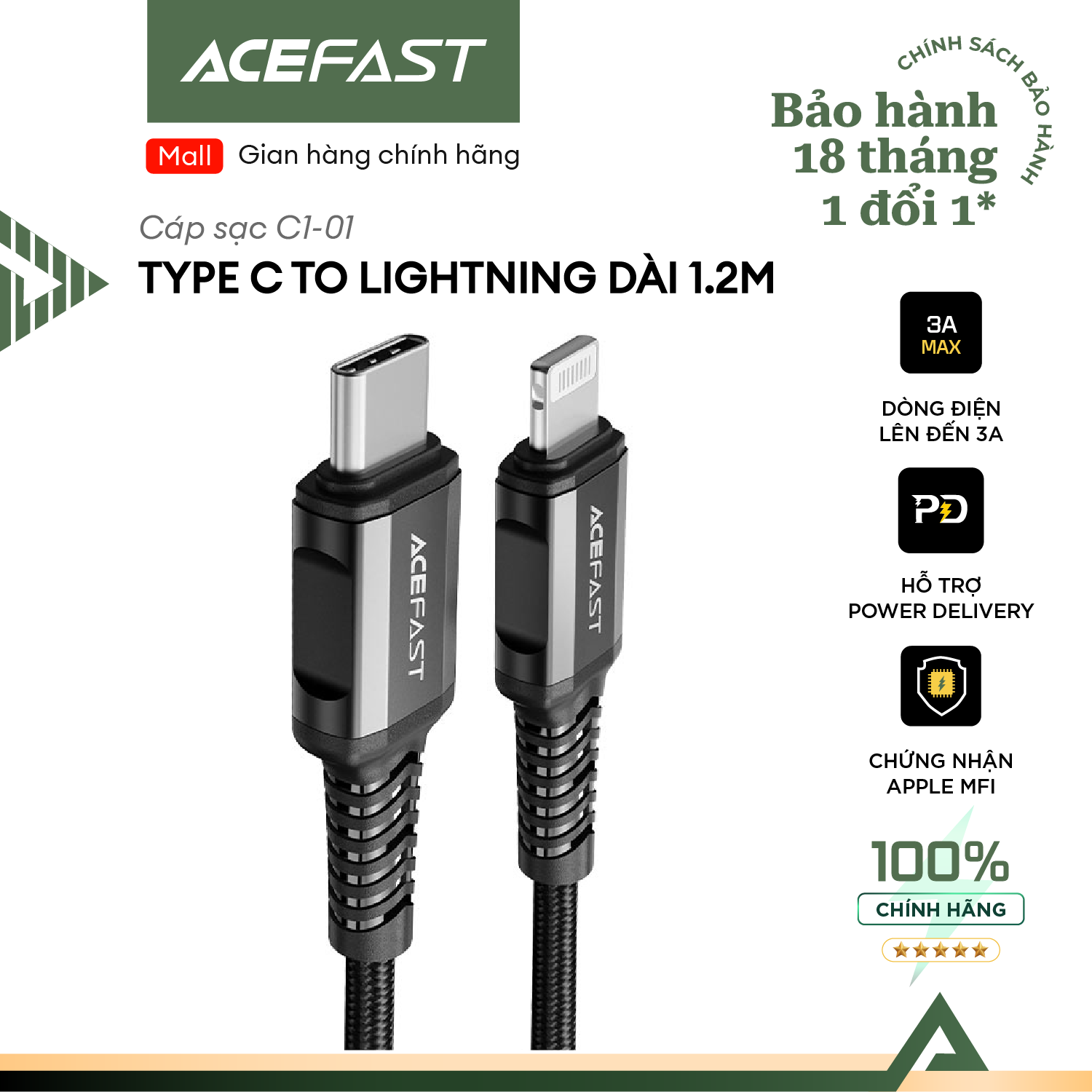 Cáp sạc acefast type c to lightning dài 1.2m chống rối hỗ trợ sạc nhanh - c1-01 hàng chính hãng