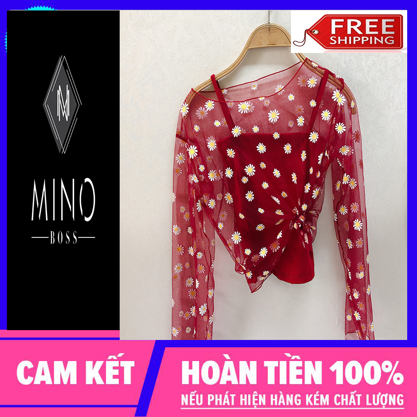 ÁO LƯỚI HOA CÚC CỔ TRÒN TẶNG KÈM ÁO 2 DÂY TRƠN ẢNH THẬT, áo lưới, áo hoa cúc, set áo 2 dây, Mino Boss