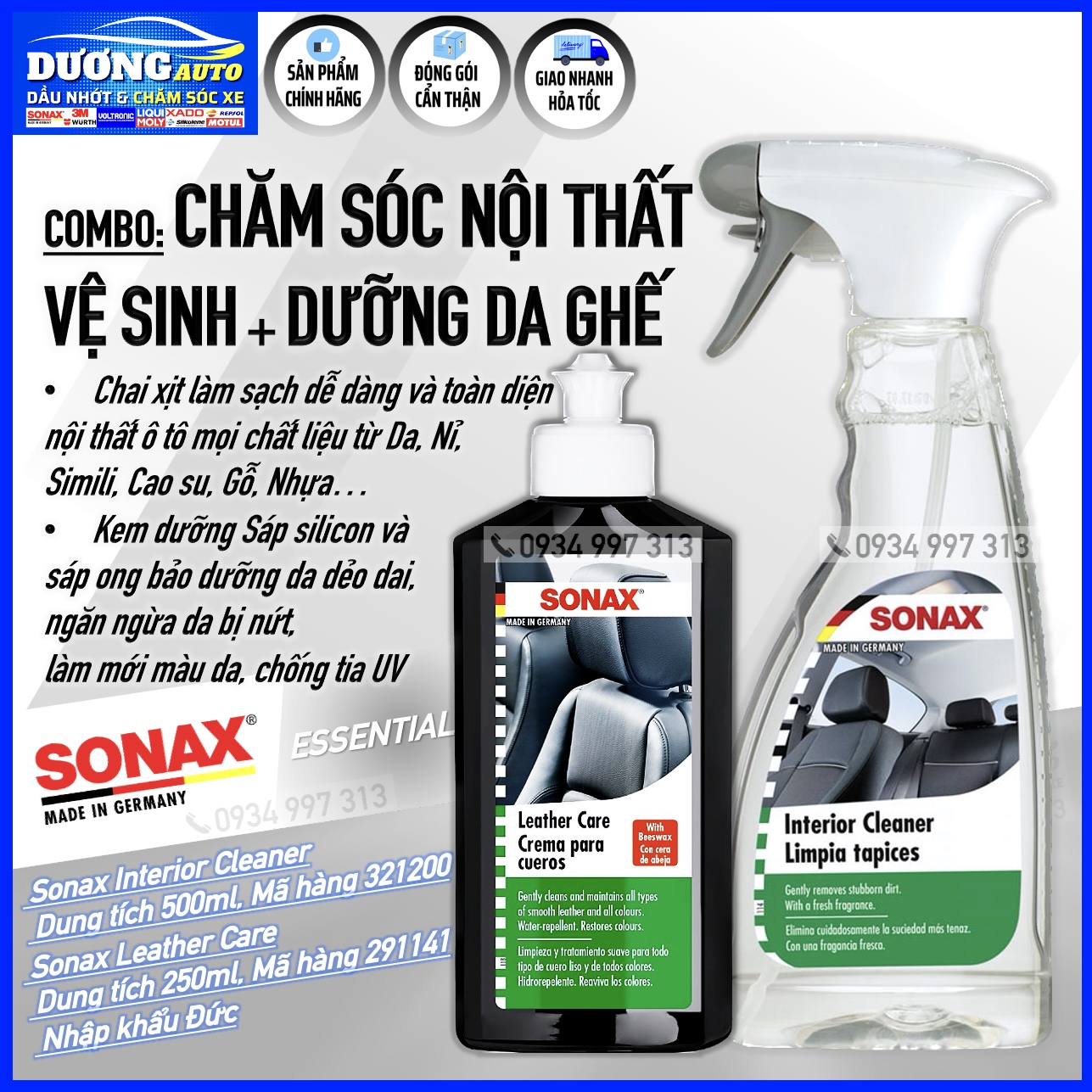 Vệ sinh nội thất + bảo dưỡng da ghế, sonax interior cleaner 500ml 321200, sonax leather care 250ml 291141 nhập khẩu đức vệ sinhn nội thất sonax 500ml , kem bảo dưỡng ghế da sonax 250ml