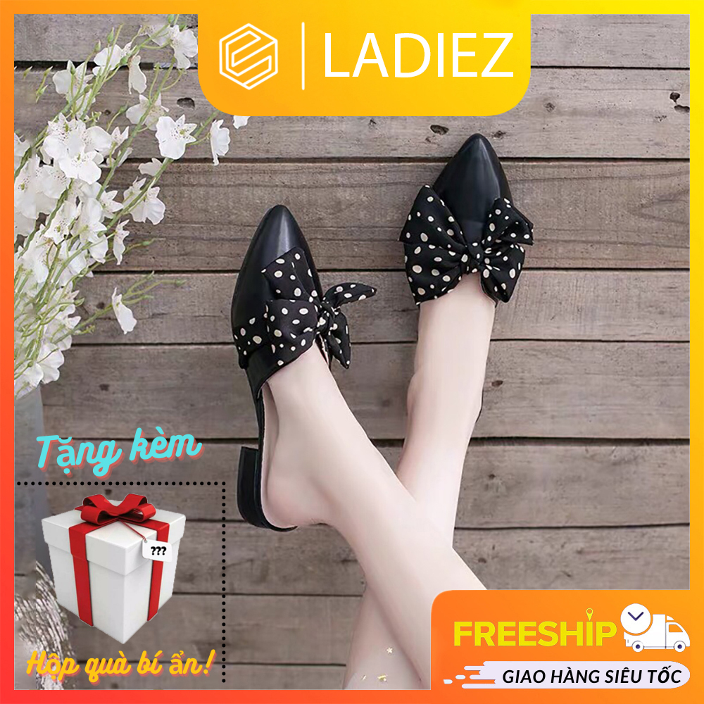 Dép sục nữ đẹp thời trang cao cấp ladiez , giày sục mũi nhọn gắn nơ chấm bi 2 phân da mềm êm chân xinh xắn siêu đẹp