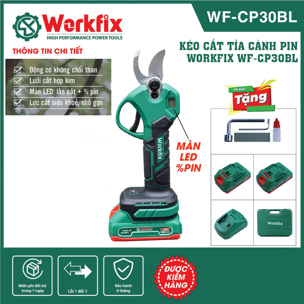 Tặng kèm phụ kiện - Kéo cắt cành pin Workfix WF-CP30BL- Chân pin phổ thông - Không chổi than - Lõi Đồng - Bảo Hành 12Tháng