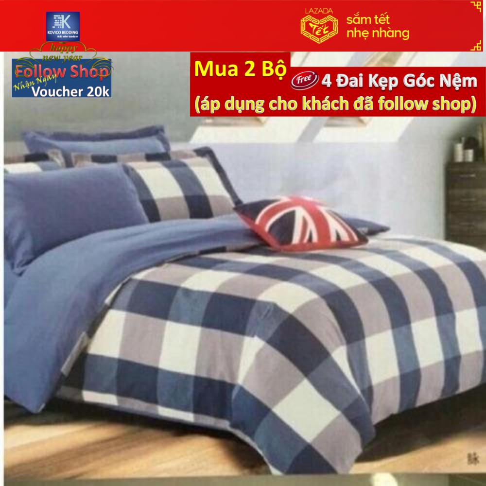 (FreeShip MAX) Bộ ga bọc và gối cotton poly kẻ sọc đen 1m6x2m